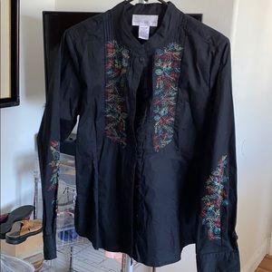 EUC Susan Graver Black Button Up with Embroidery